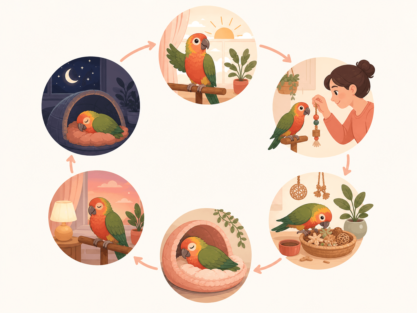 A circular diagram shows a parrot's day moving through interaction, foraging, rest, wind-down, and sleep.