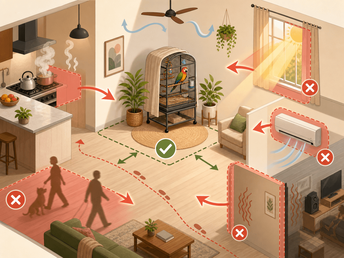 A diagram shows a parrot cage placed away from kitchen fumes, direct sun, drafts, busy walkways, and shared walls.