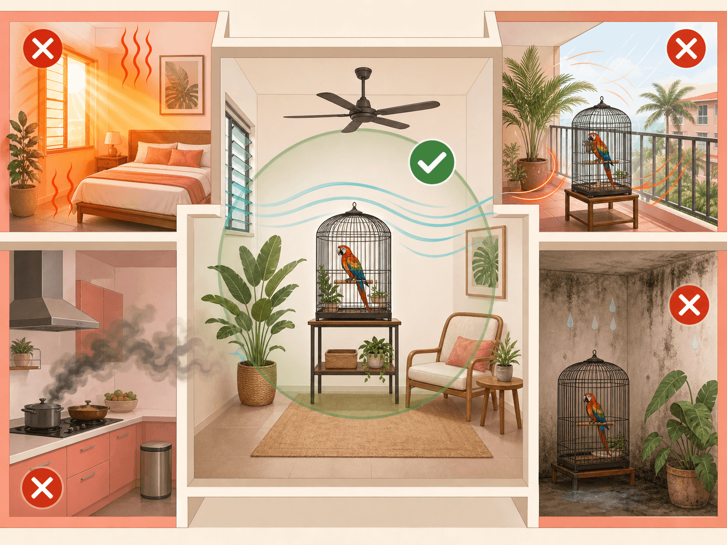 A diagram compares safe and risky cage locations in a tropical apartment using arrows, sunlight, airflow, and hazard symbols.