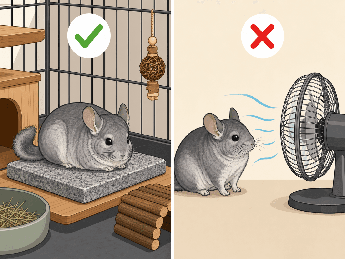 A diagram comparing a safe cooling setup with a granite slab to an ineffective setup using only an electric fan.