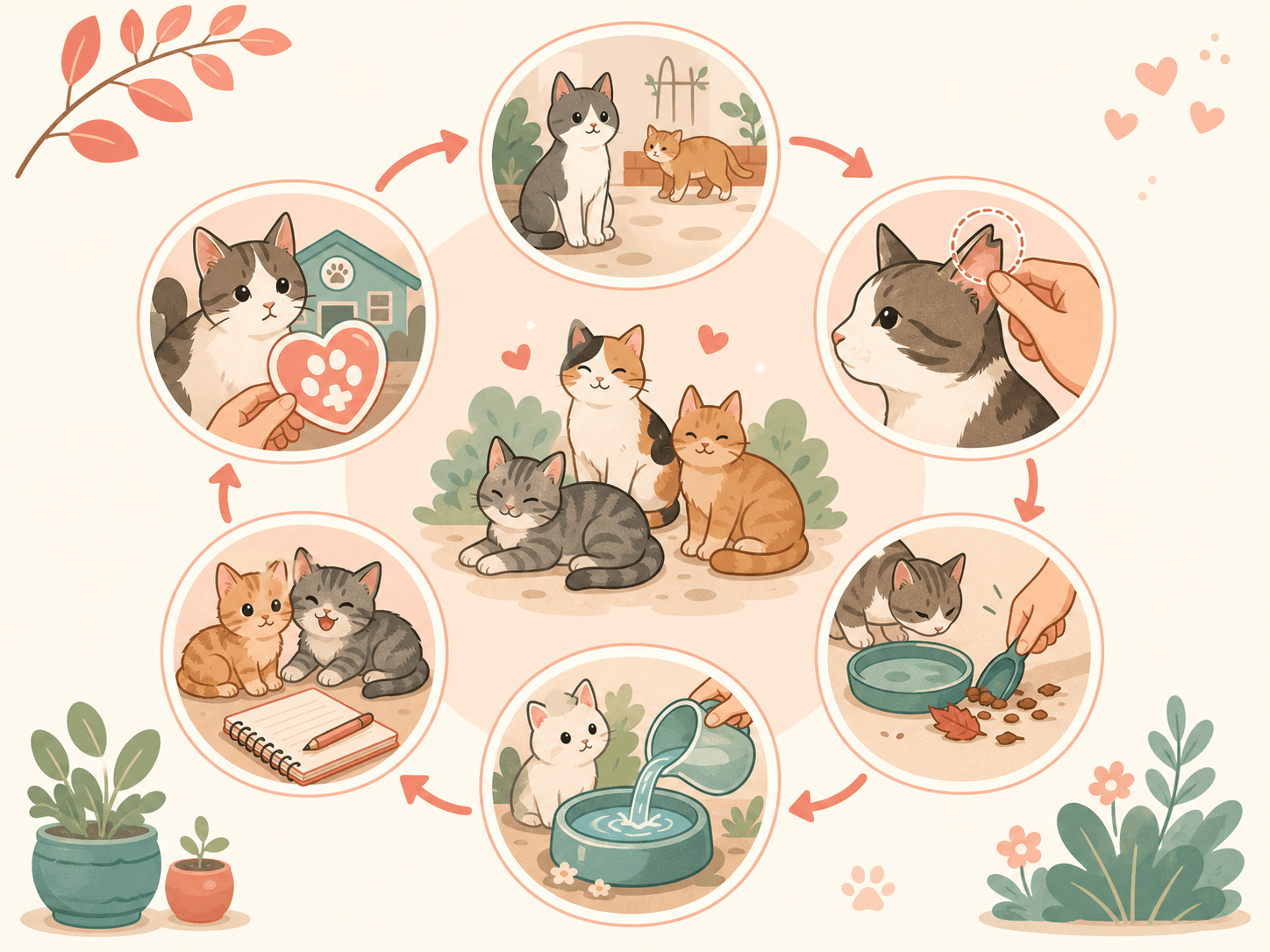A circular visual routine shows a feeder checking cats, sterilisation signs, food, water, kittens, and health concerns.