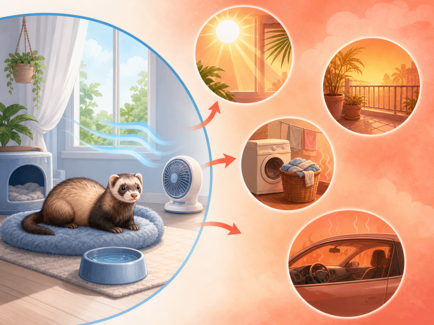 A diagram contrasts a cooled shaded indoor ferret setup with warmer risky locations such as sun, balcony, laundry area, and car.