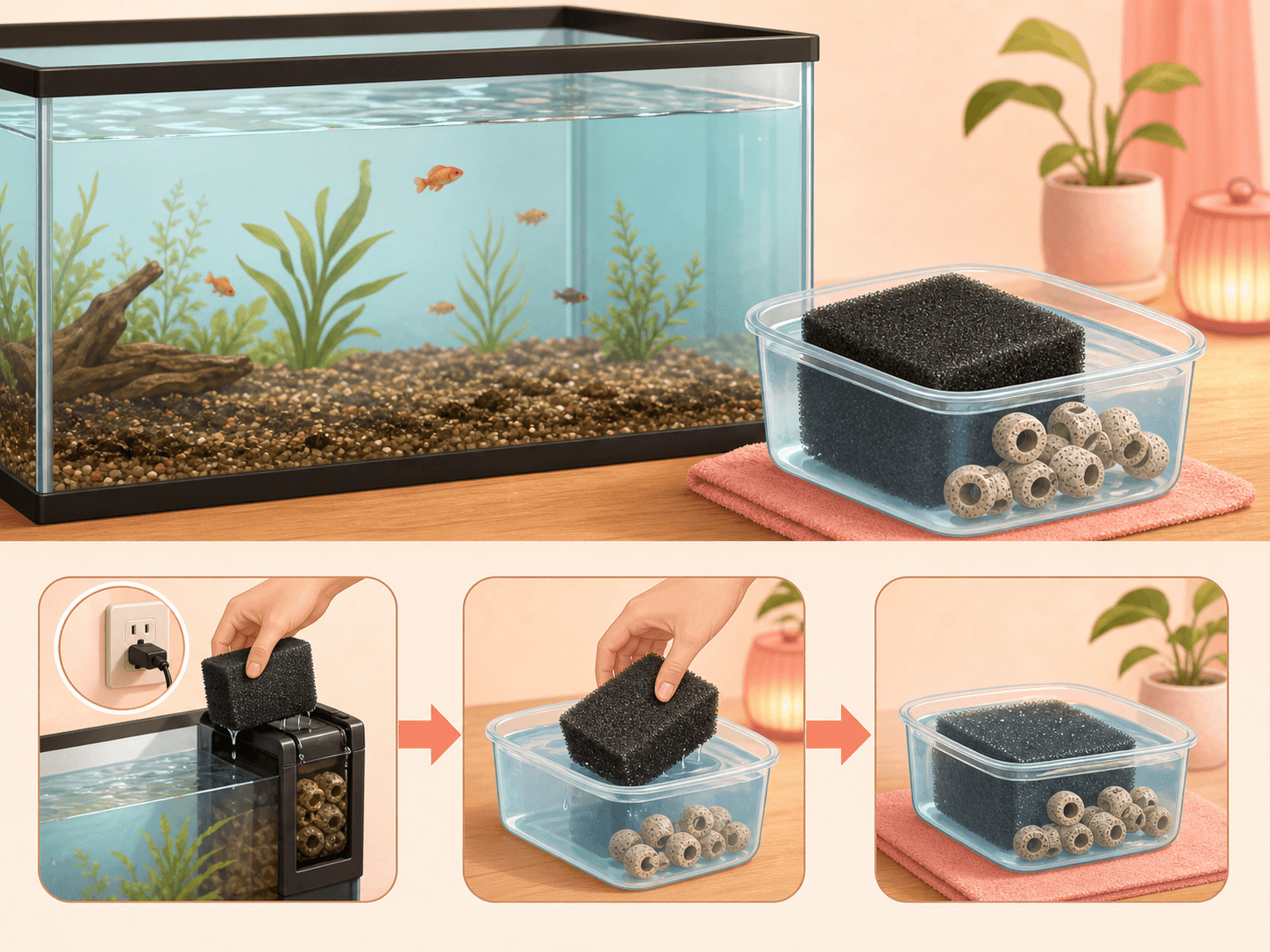 Filter sponge and ceramic rings are kept wet in aquarium water while the tank substrate is left undisturbed.