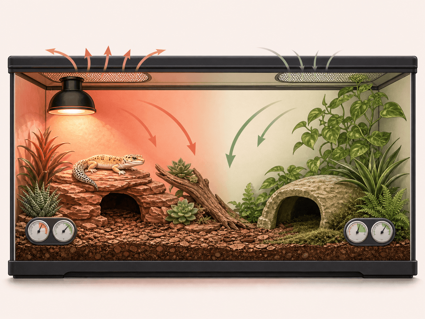 A gecko enclosure is shown with a warmer area, a cooler retreat, hides, airflow, substrate, and monitoring tools.