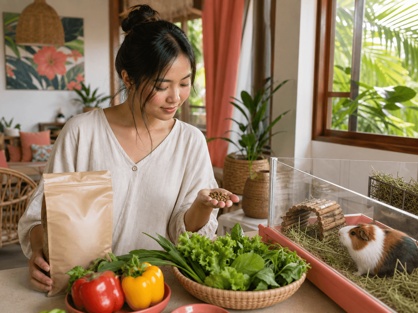 A pet owner checks pellets and vegetables before feeding a guinea pig in a warm home.