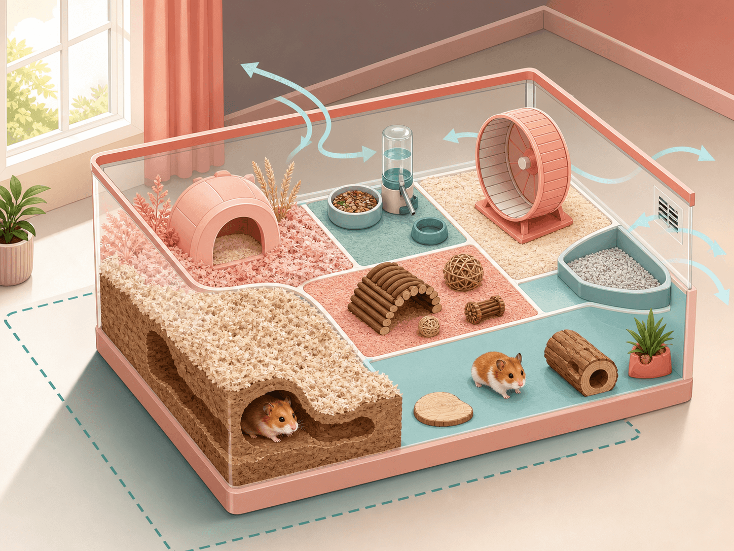A floor plan style diagram shows separate hamster cage zones with airflow and shaded placement.