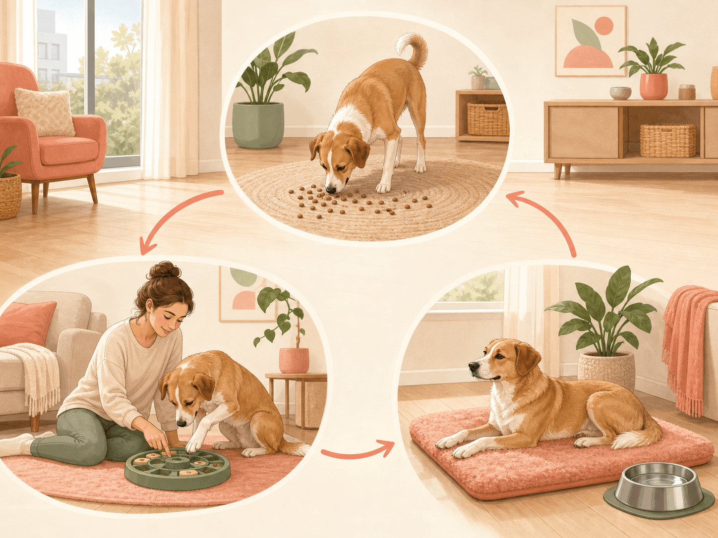 A low-exertion indoor dog routine shows scatter feeding, puzzle feeding, and settling on a mat.