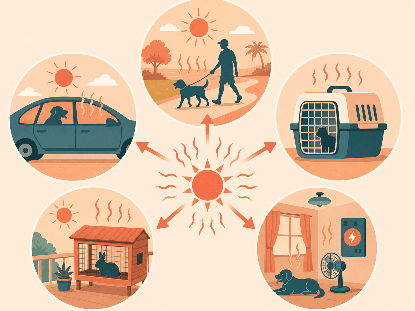 A diagram shows common heat-risk settings including a sunny walk, parked car, carrier, balcony hutch, and warm indoor room.