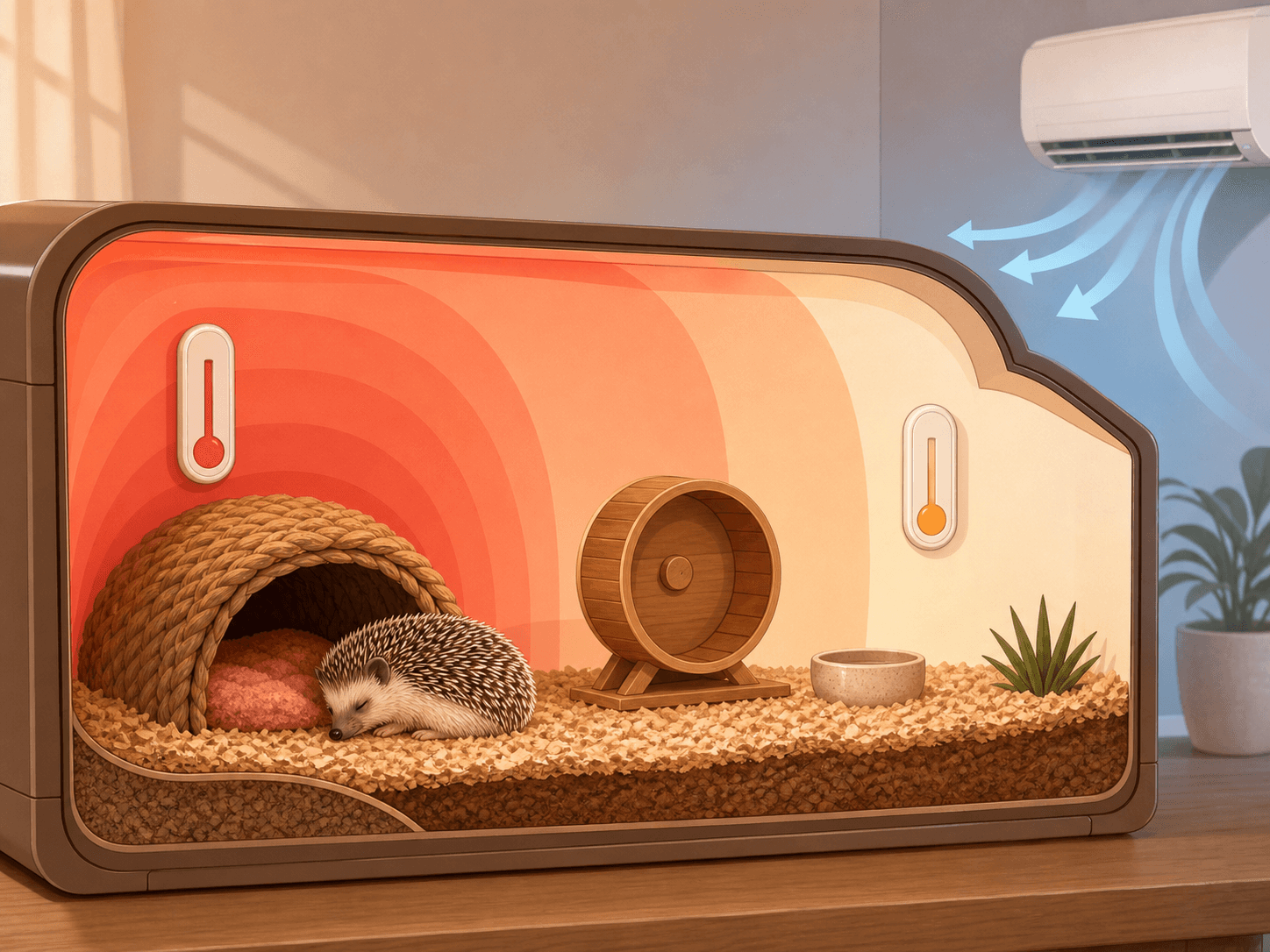A hedgehog enclosure diagram shows two thermometers, a sleeping hide, a solid wheel, and cool air from air-conditioning nearby.