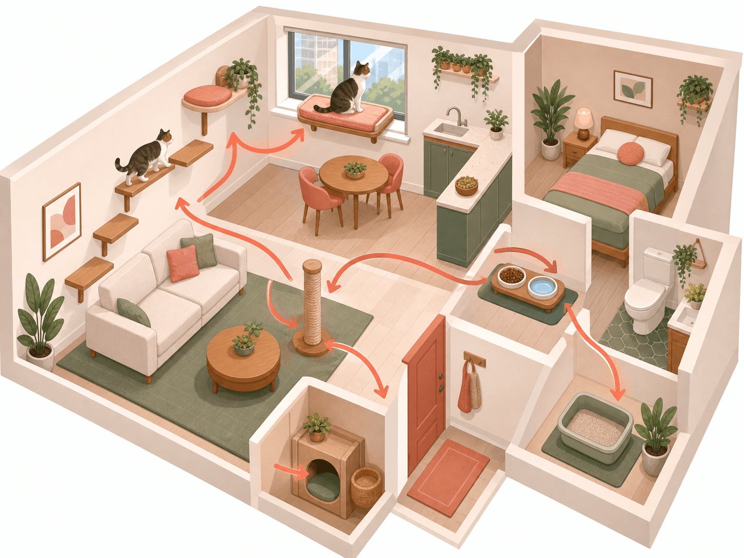 A compact flat layout shows separate cat resources, vertical space, a safe window perch, scratching area, hiding spot, and litter area.