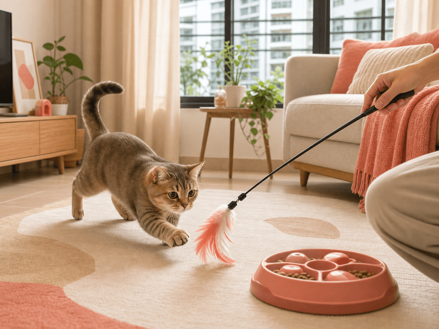 A cat plays with a wand toy in a living room while a food puzzle sits nearby.