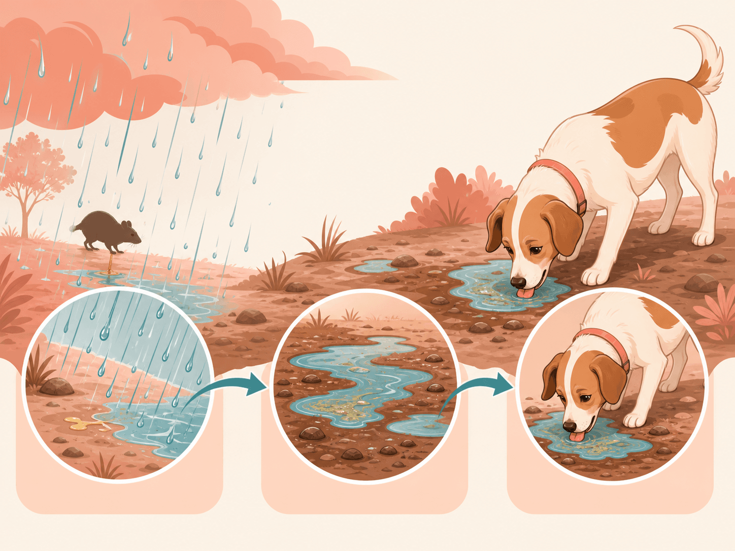 A diagram shows rain carrying contamination into puddles and mud where a dog may sniff or lick.
