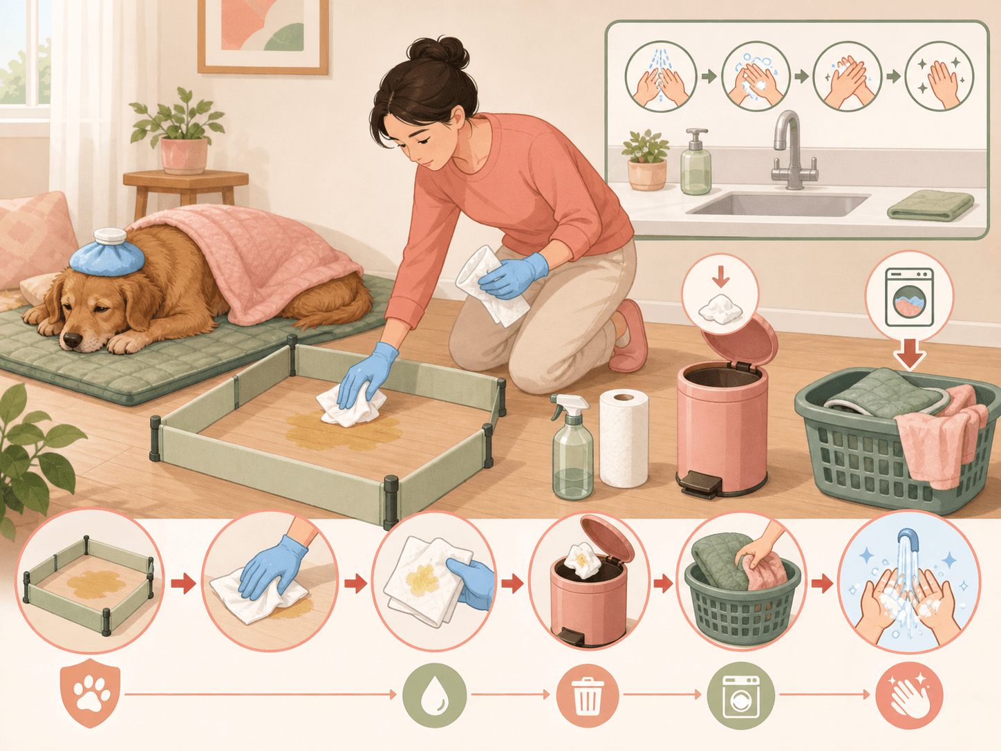 A diagram shows an owner using gloves and careful clean-up steps around a sick dog at home.
