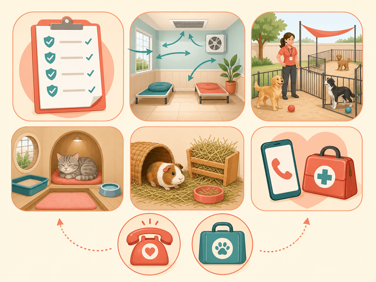 A visual checklist shows key pet boarding safety checks including health records, ventilation, separated housing, species-specific care, and emergency planning.
