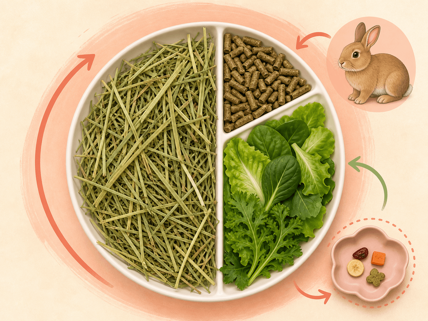A visual diet balance shows hay as the largest part of a rabbit meal, with smaller portions of pellets, greens, and treats.
