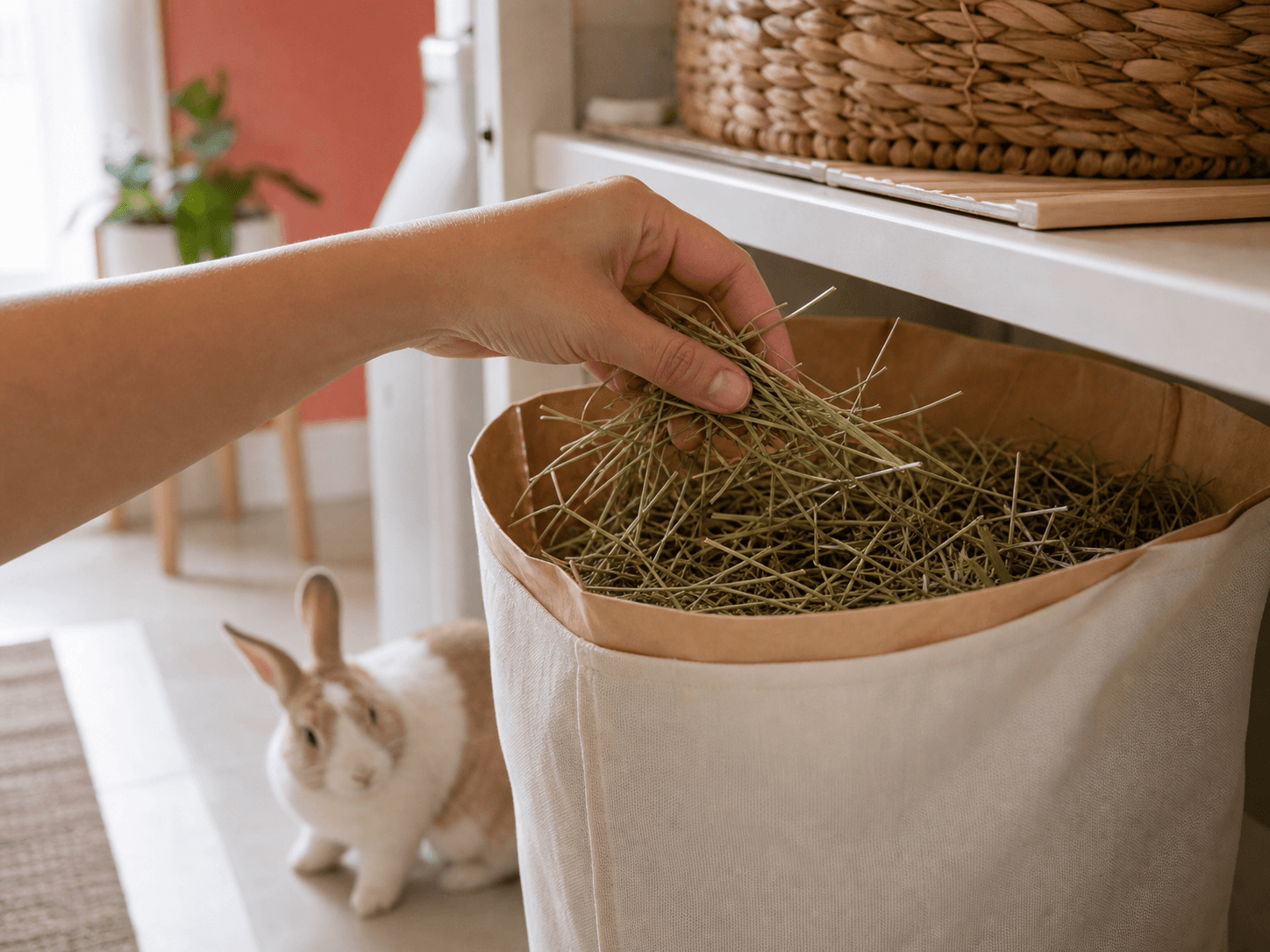 A person checks a handful of stored hay while a rabbit waits nearby in a tidy home.