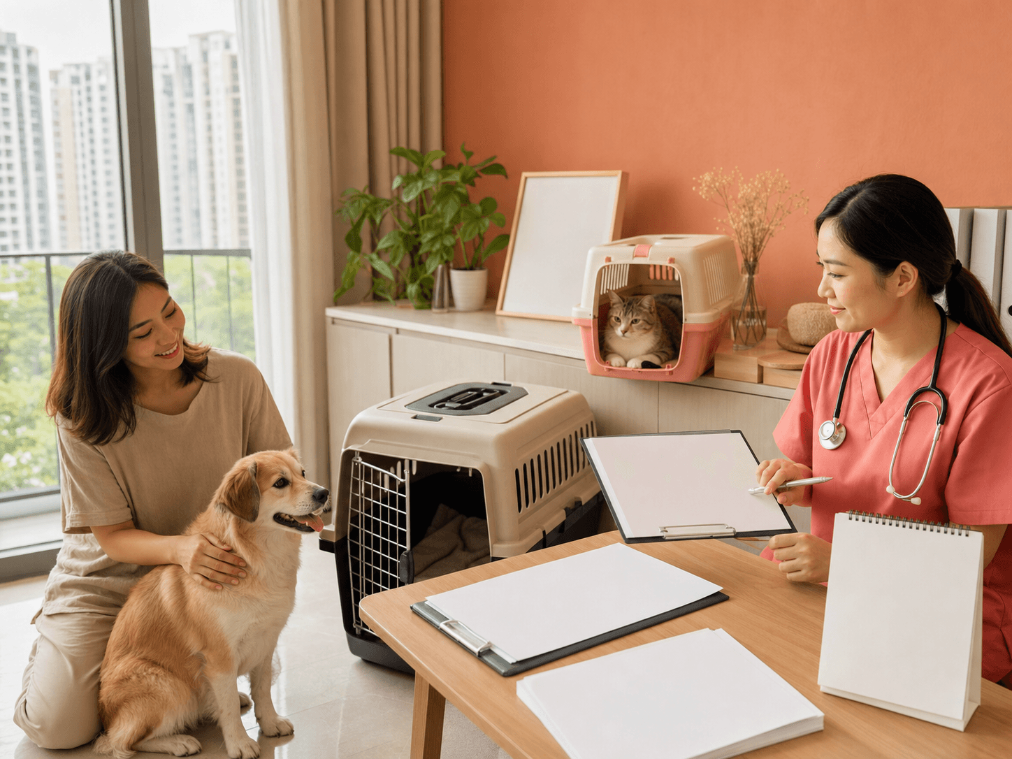 An owner prepares travel paperwork with a veterinarian while a dog and cat wait calmly near carriers.