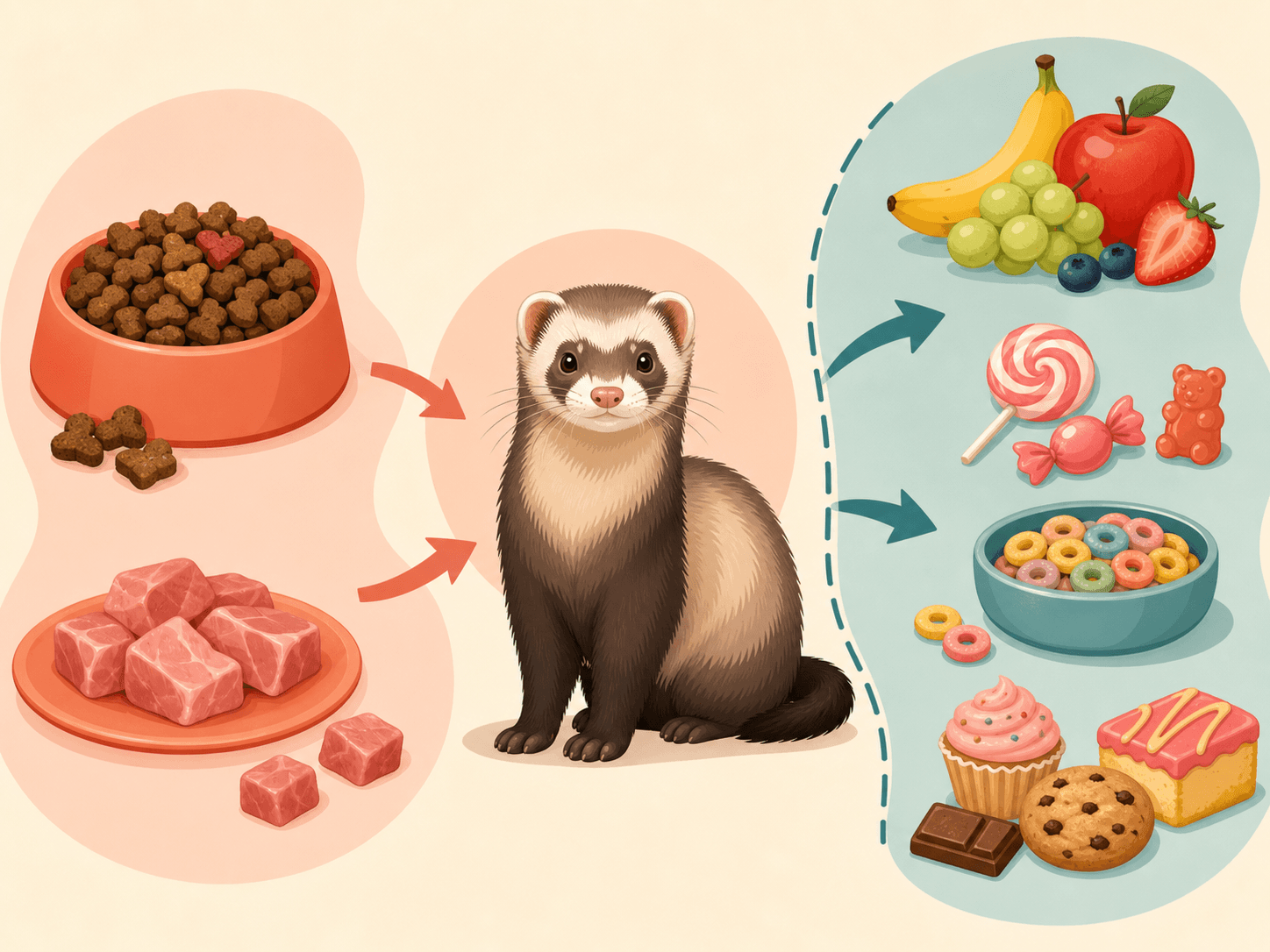 A diagram contrasts meat-based ferret foods with sugary or cereal-heavy treats using arrows and simple food shapes.