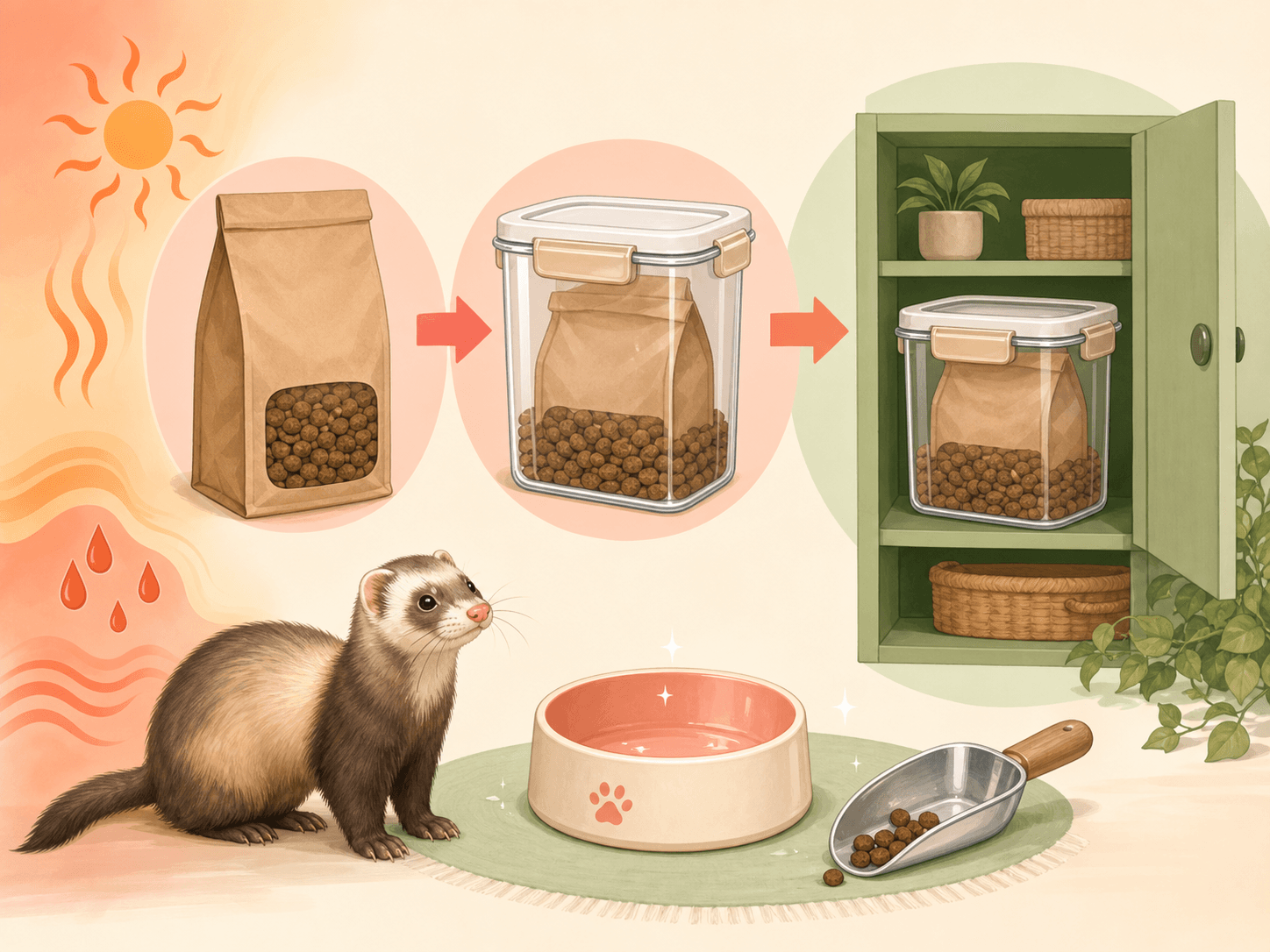 A storage diagram shows ferret kibble sealed in a container, kept away from heat and moisture with a clean bowl and scoop nearby.