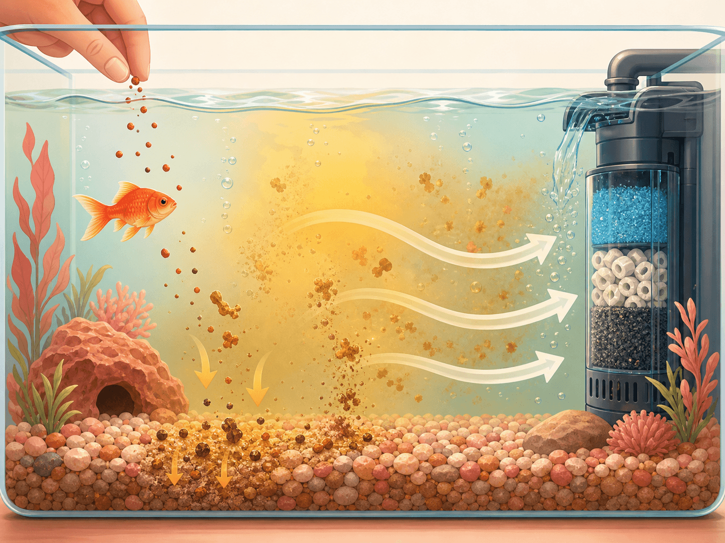 A diagram shows leftover fish food and waste settling in an aquarium and contributing to poorer water quality.
