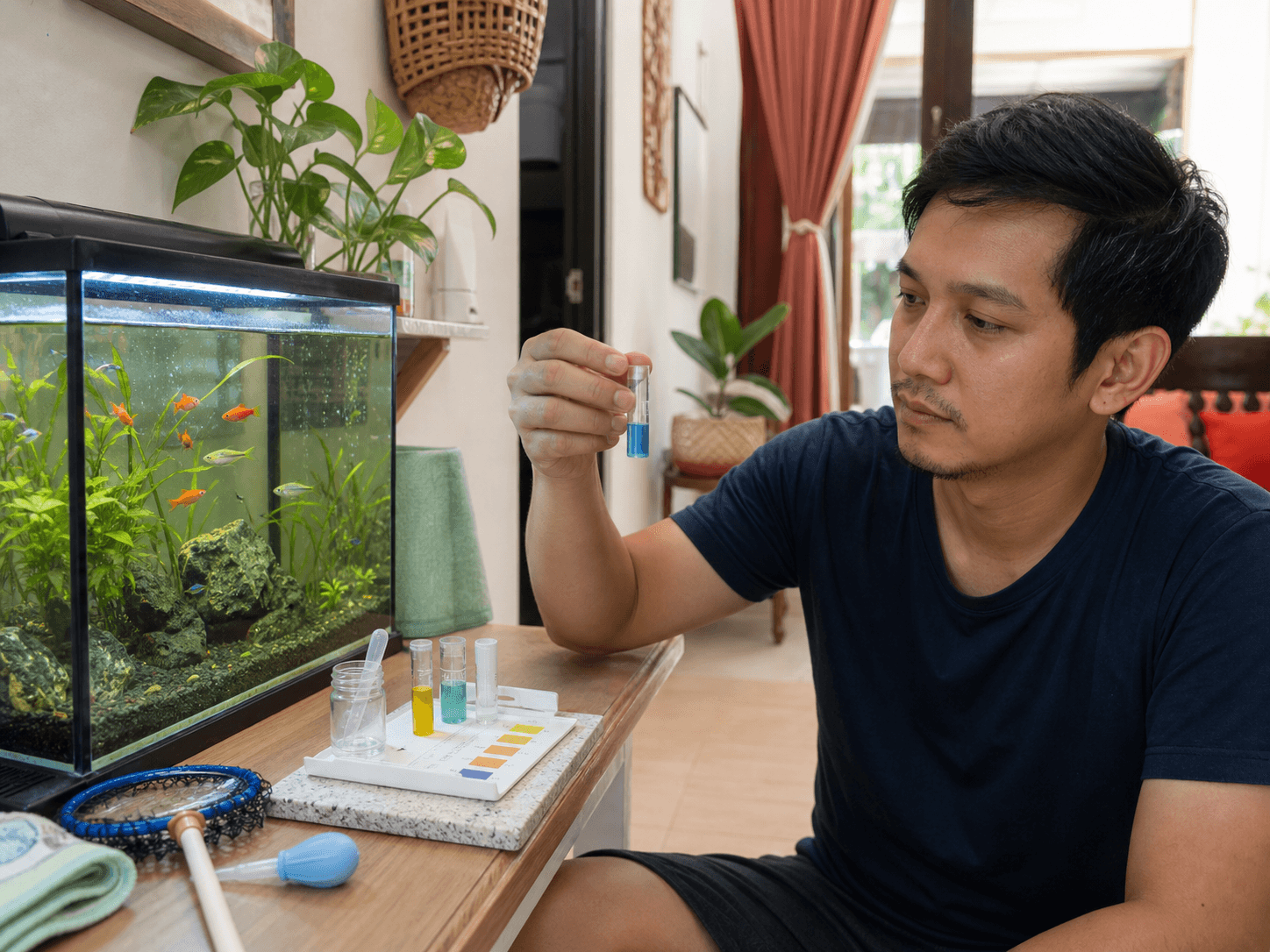 A fish owner checks aquarium water with a test kit beside a tropical home tank.