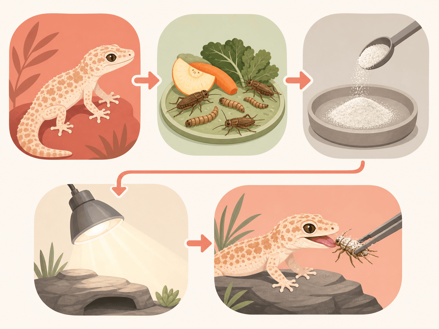A simple visual sequence connects gut-loaded insects, calcium dusting, UVB lighting, and feeding a gecko.