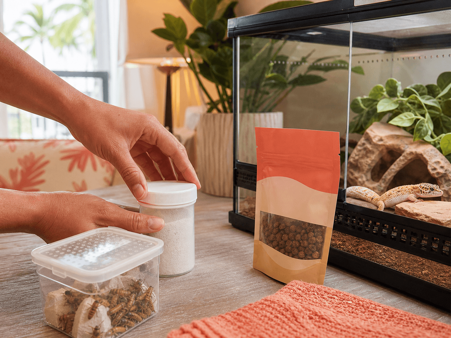 A person closes a calcium powder container beside a gecko enclosure and neatly stored feeder supplies.