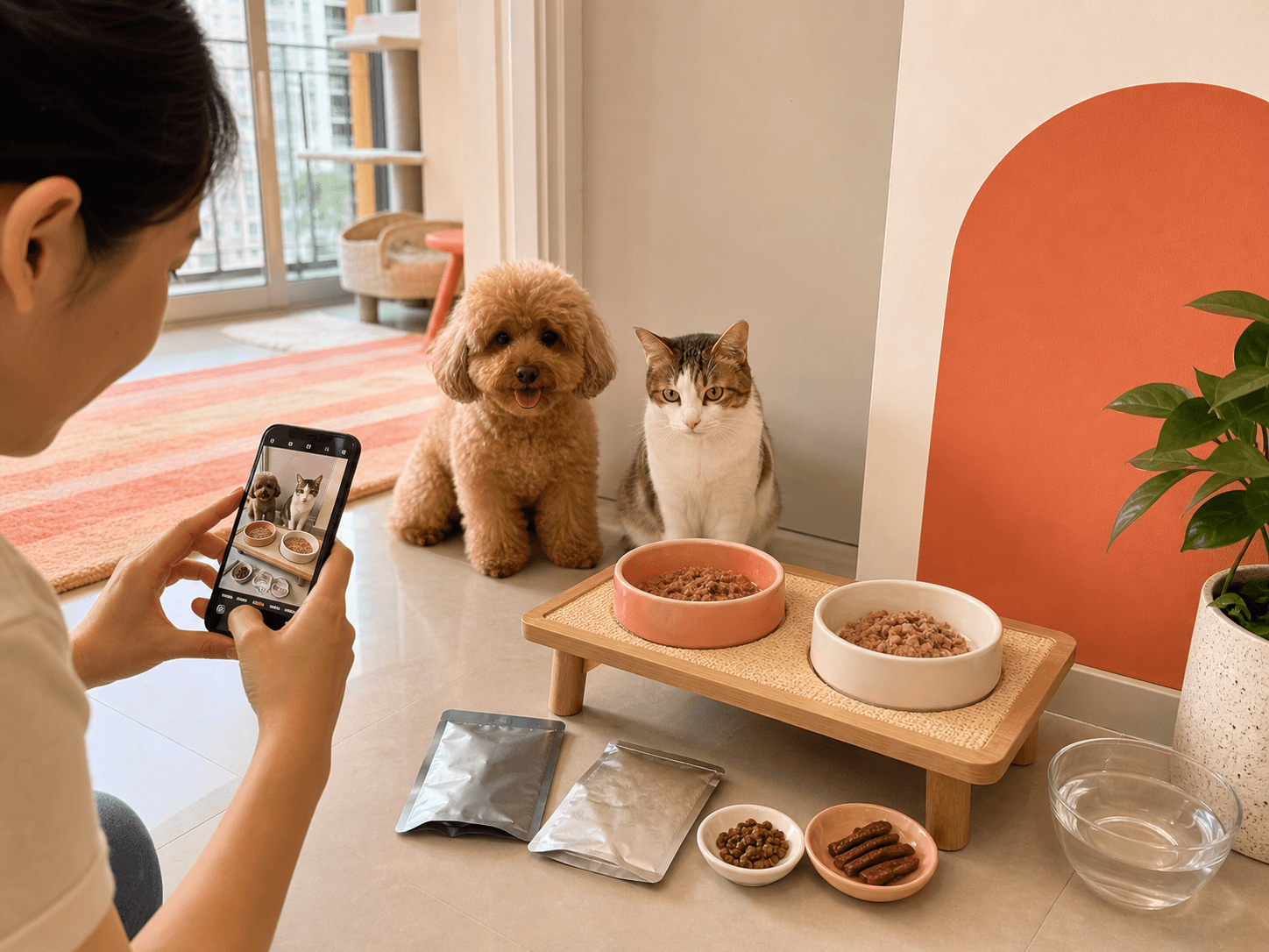 A pet owner photographs bowls, food packets, toppers, and treats to document what their cat and dog are eating.