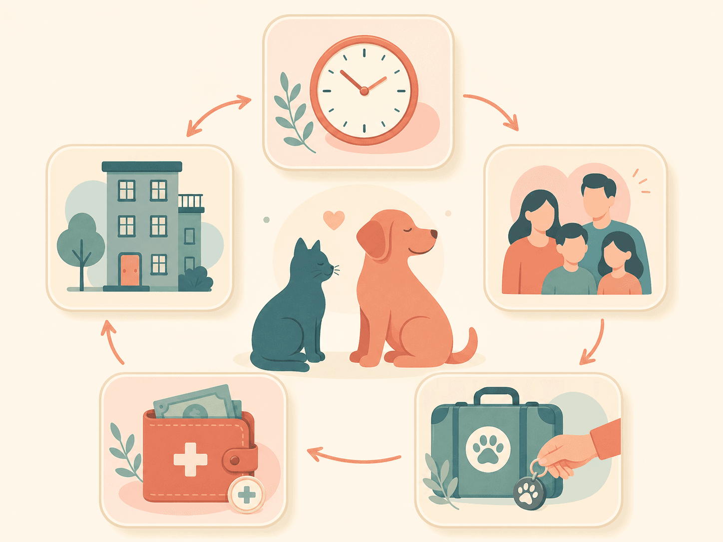 A visual checklist shows time, housing, family consent, budget, and travel backup around a cat and dog.