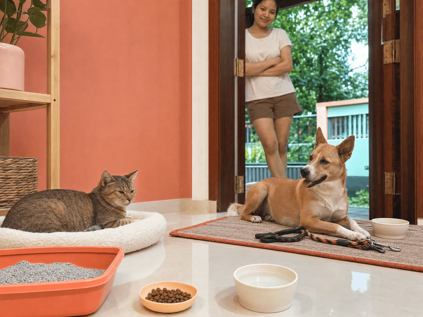A new cat and dog settle into prepared quiet spaces at home while a caregiver gives them room.