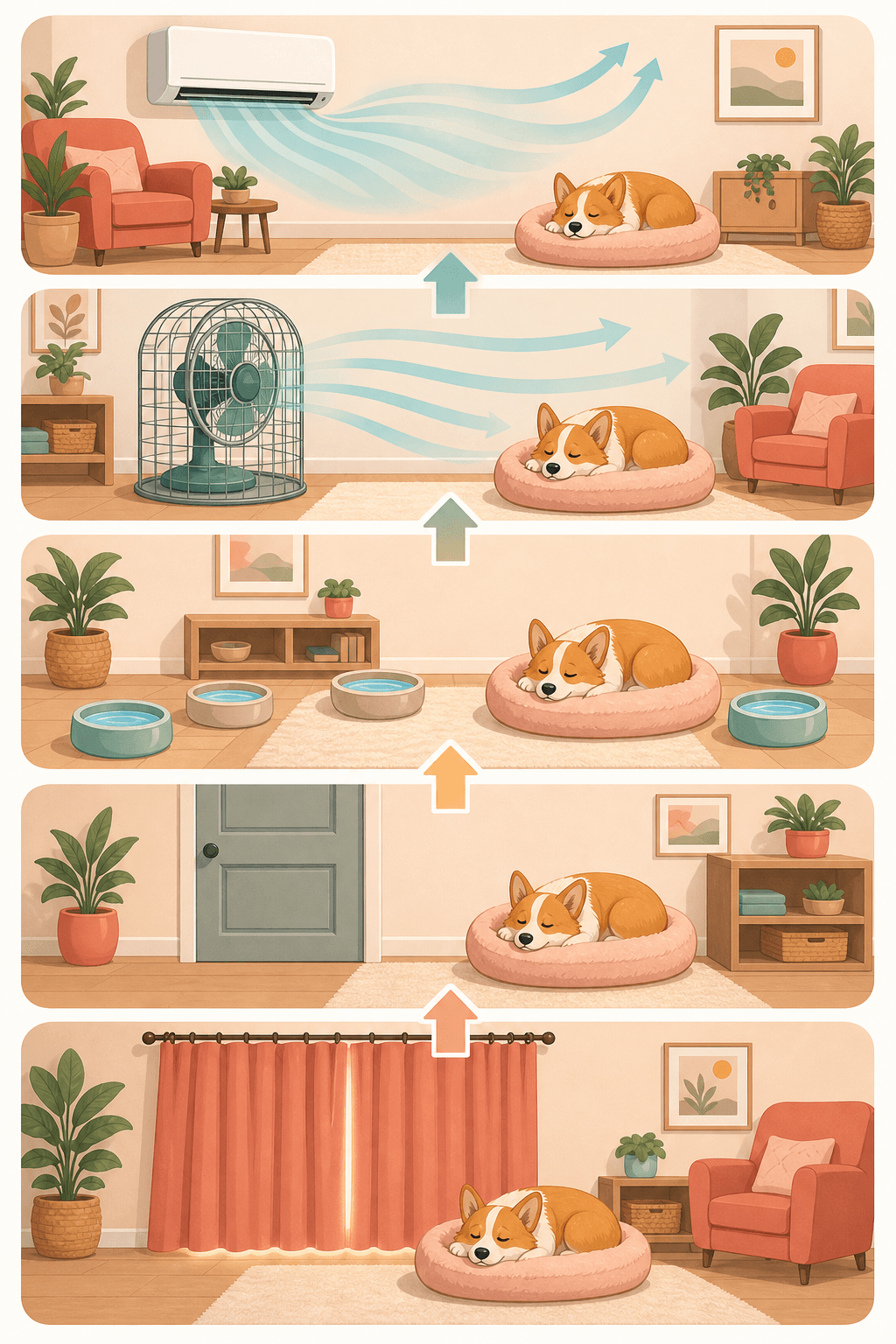 A step-by-step visual diagram shows shade, room control, water, airflow, and air-conditioning as layers of a pet cooling plan.