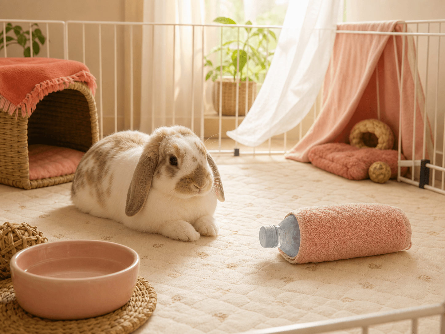 A rabbit rests near a wrapped frozen bottle in a shaded indoor space with water nearby and room to move away.
