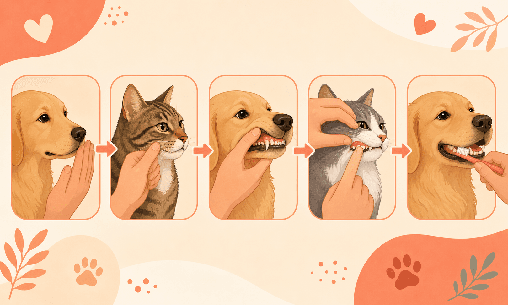 A step sequence shows gradual mouth handling from lip touch to gentle brushing for cats and dogs.