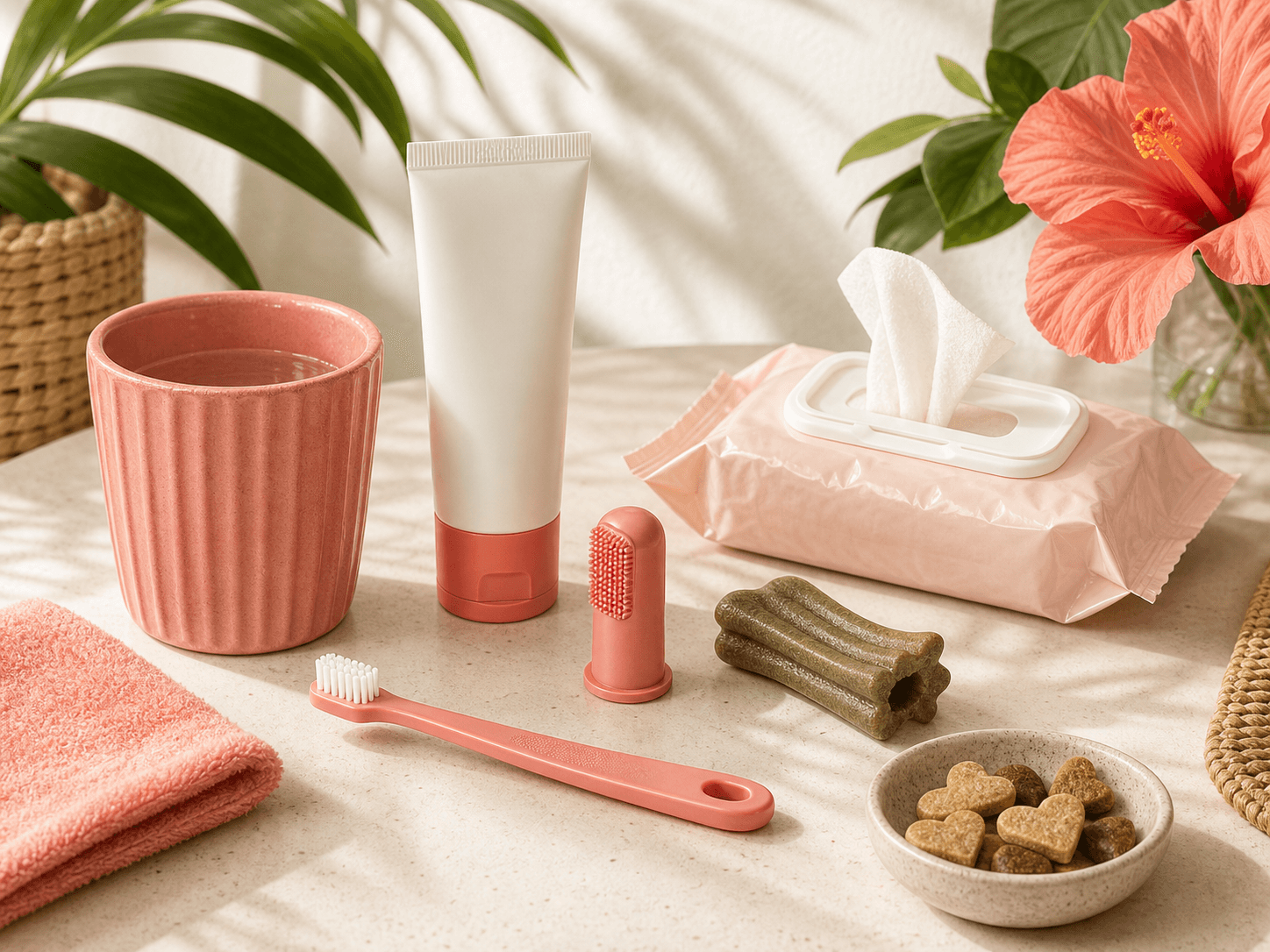 Pet dental supplies are laid out neatly with treats and a drying cup for a simple daily routine.