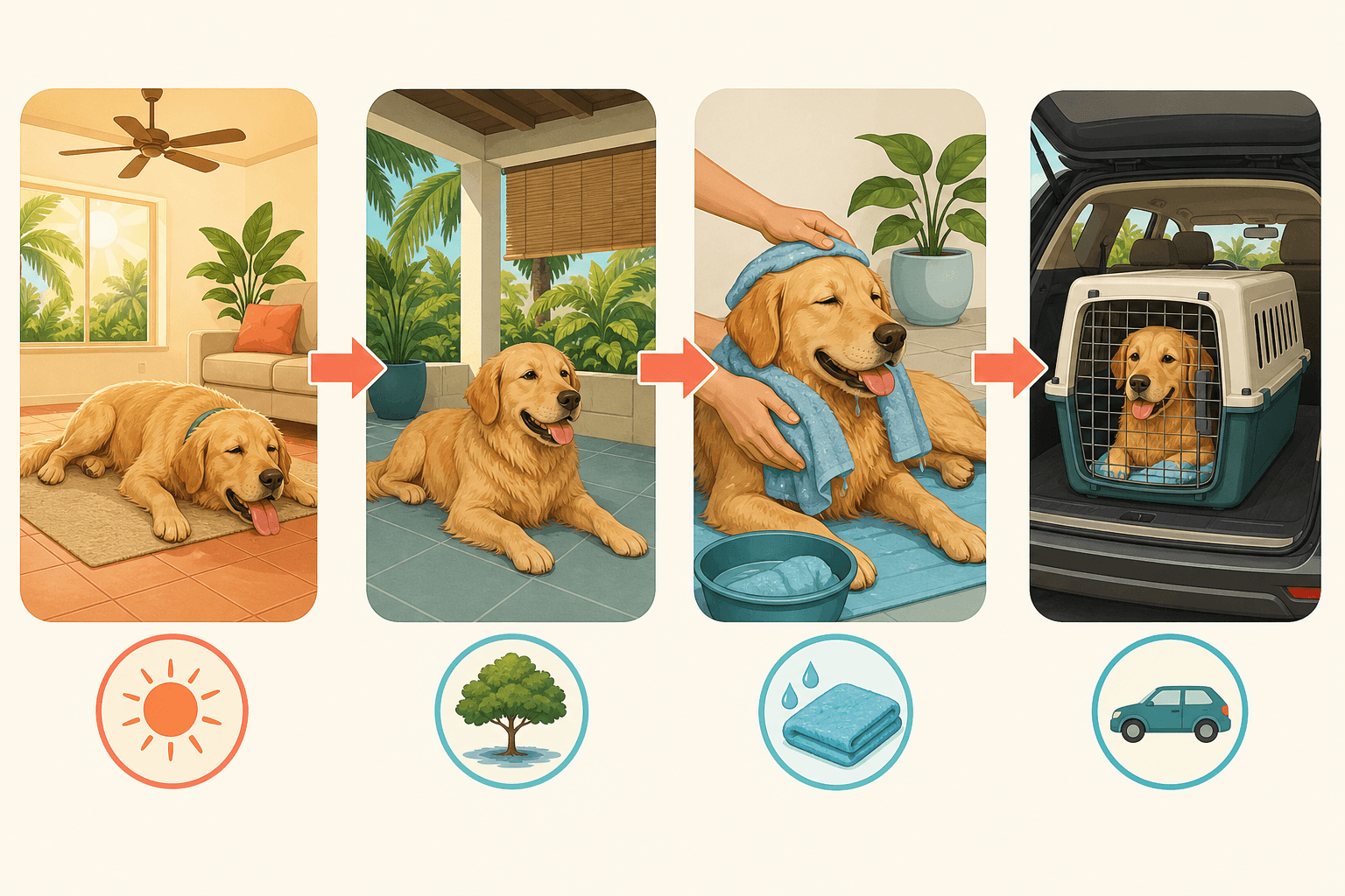 A simple sequence shows a hot dog being moved to a cool area, cooled with wet towels, and prepared for vet transport.
