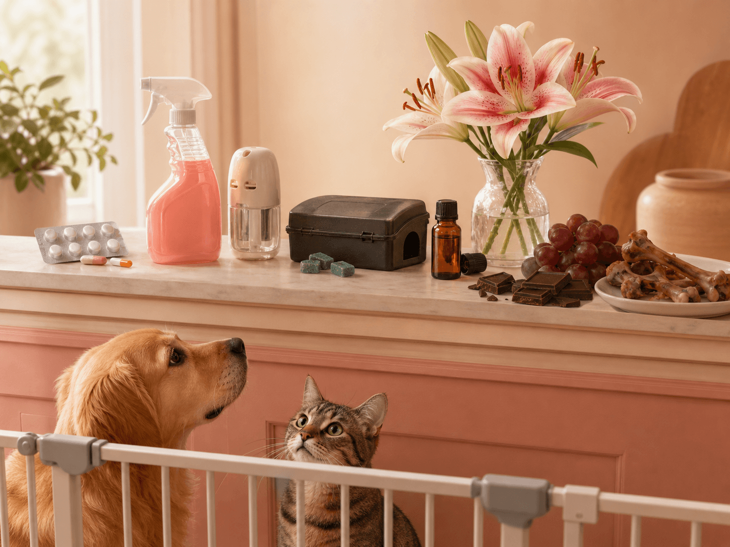 A cat and dog are kept away from common household poisoning hazards on a high counter.