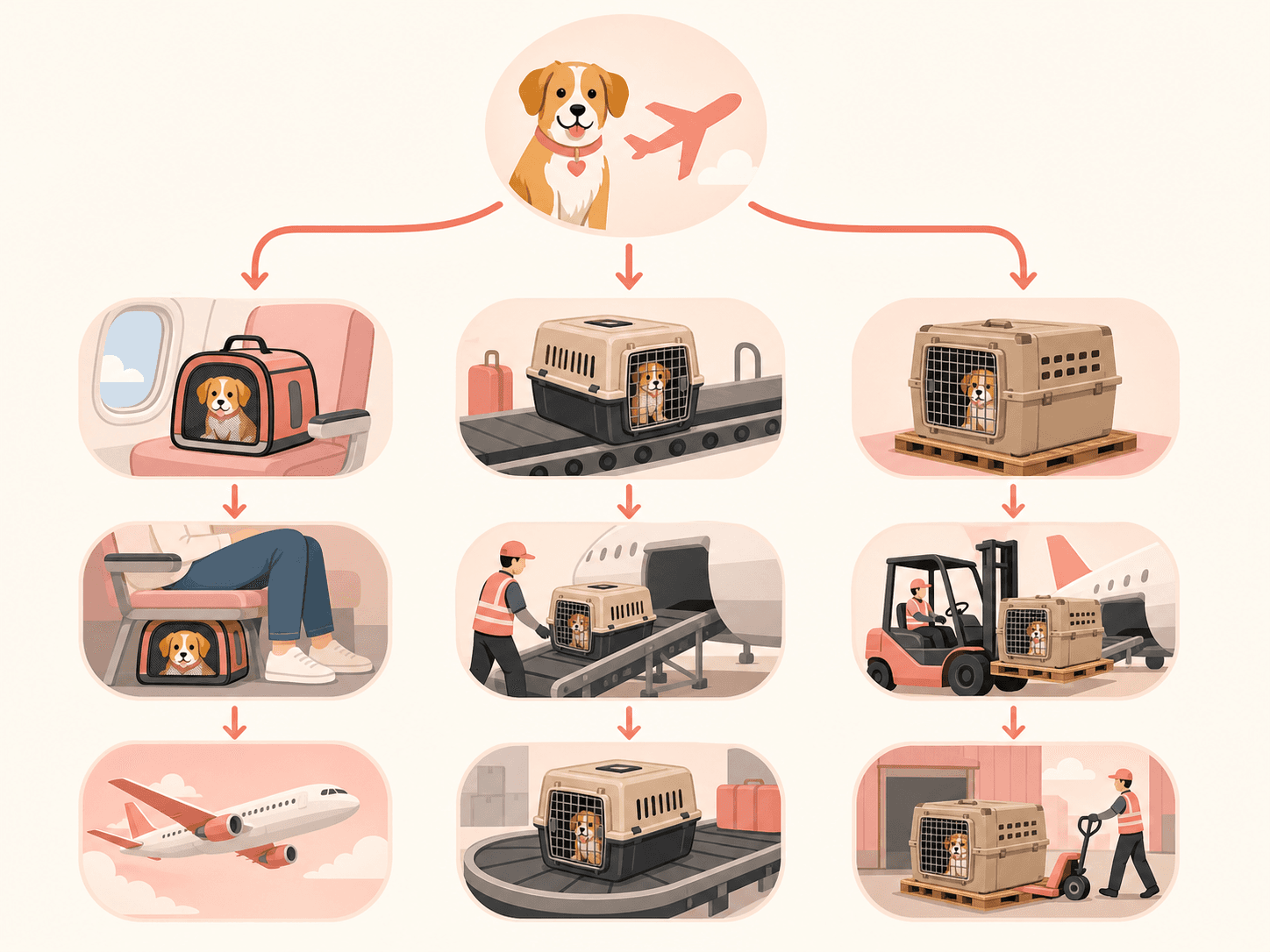 A wordless diagram compares cabin travel, checked-baggage travel, and cargo travel for pets using three visual paths.