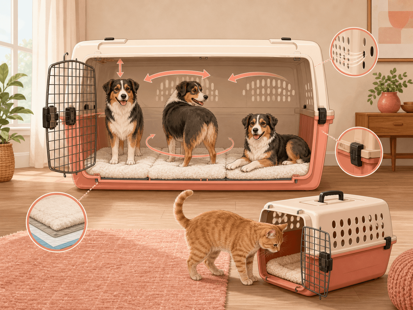 A dog demonstrates standing, turning, and lying naturally inside a well-ventilated travel crate.
