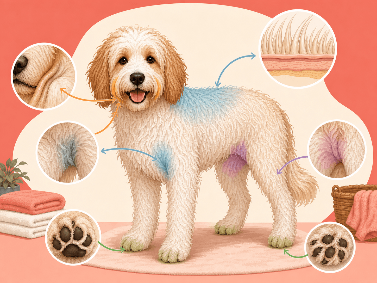 A fluffy dog diagram highlights damp-prone areas including the coat, armpits, groin, paws, and skin folds.