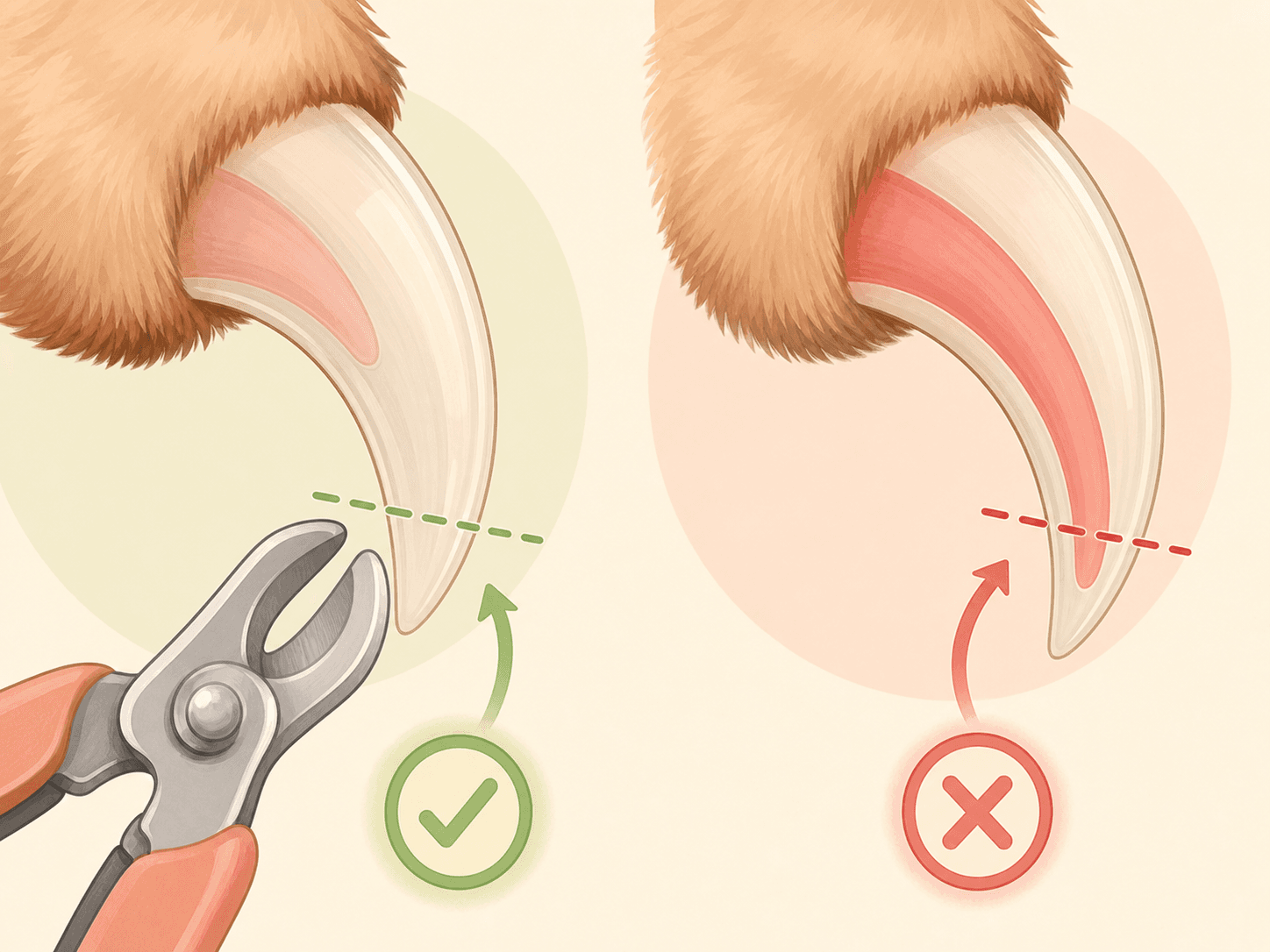 A close-up nail-trimming diagram shows clipping only the clear sharp tip while avoiding the sensitive inner quick.