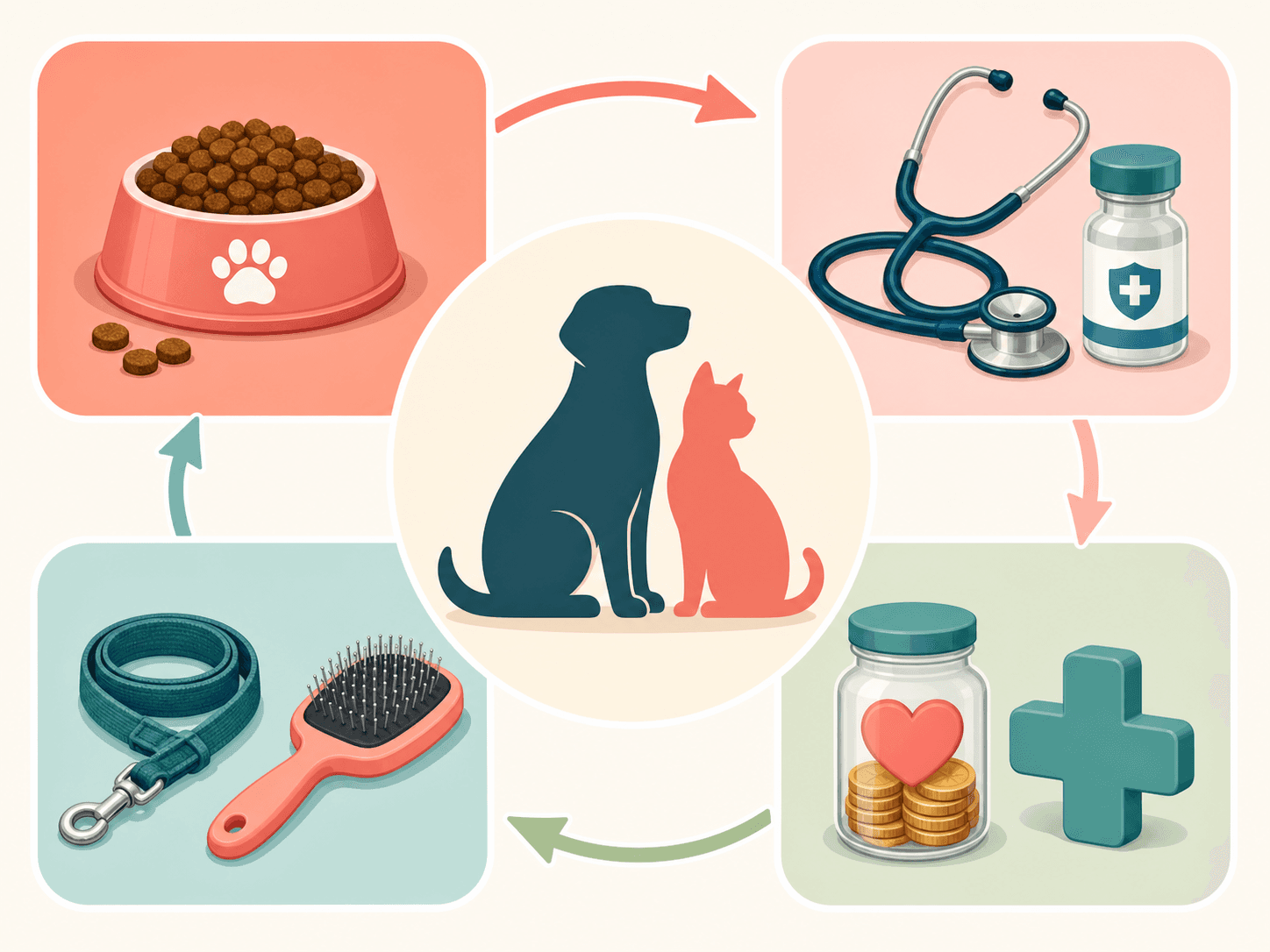 A wordless diagram shows pet budgeting split into food, routine care, lifestyle logistics, and emergency savings.