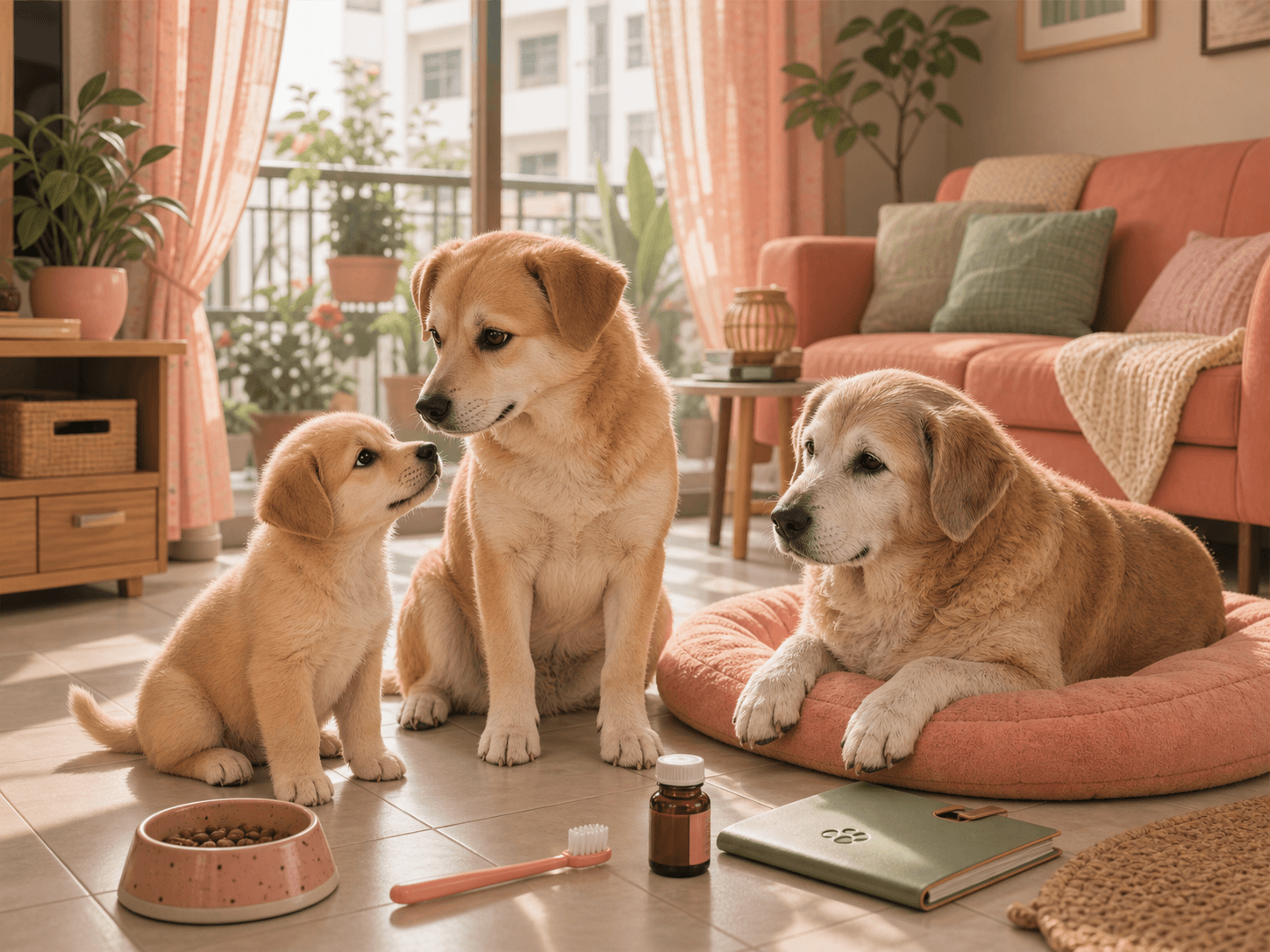 Pets at different life stages are shown with care items that suggest changing needs over time.