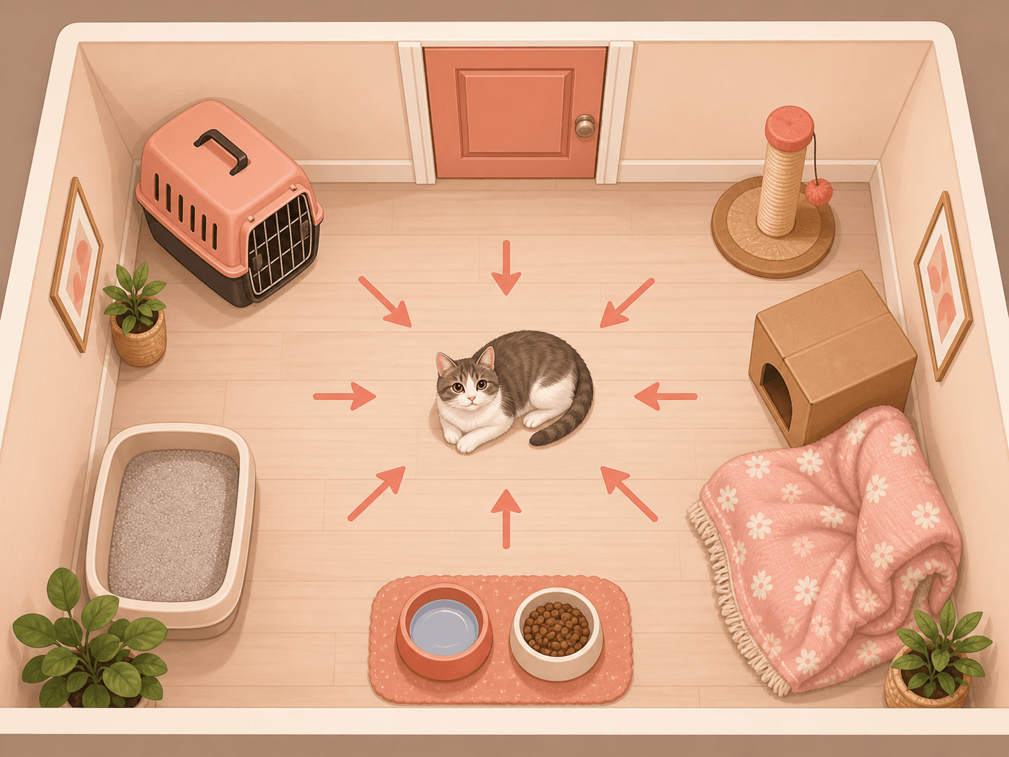 A top-down diagram shows a closed safe room arranged with a carrier, litter tray, food, water, bedding, scratching post, and hiding box for a cat.