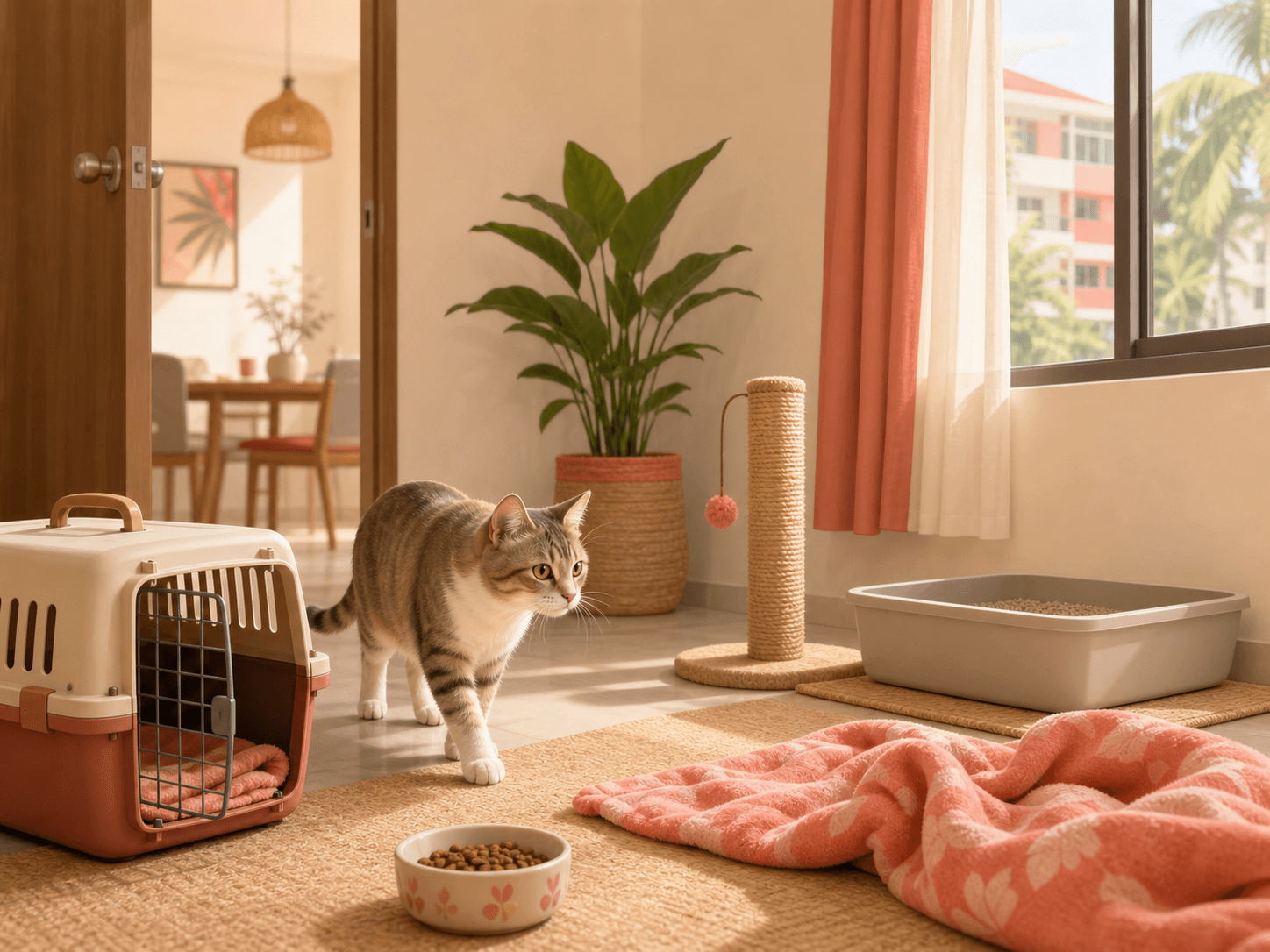 A cat explores a quiet setup room in a new home with familiar bedding, carrier, litter tray, food bowl, and scratching post nearby.