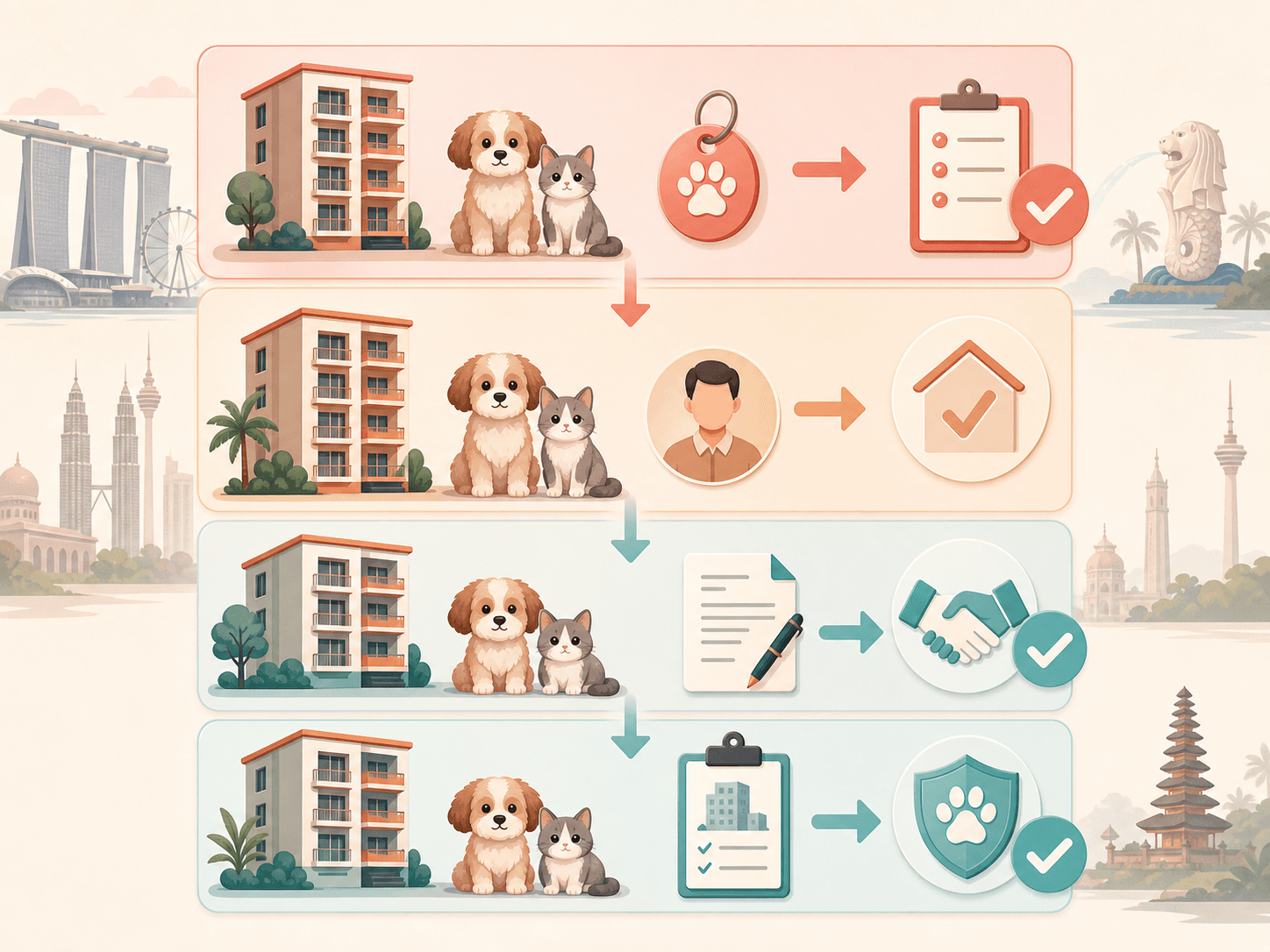 A wordless diagram shows pet rental checks progressing from building rules to licensing, landlord approval, and a written agreement.