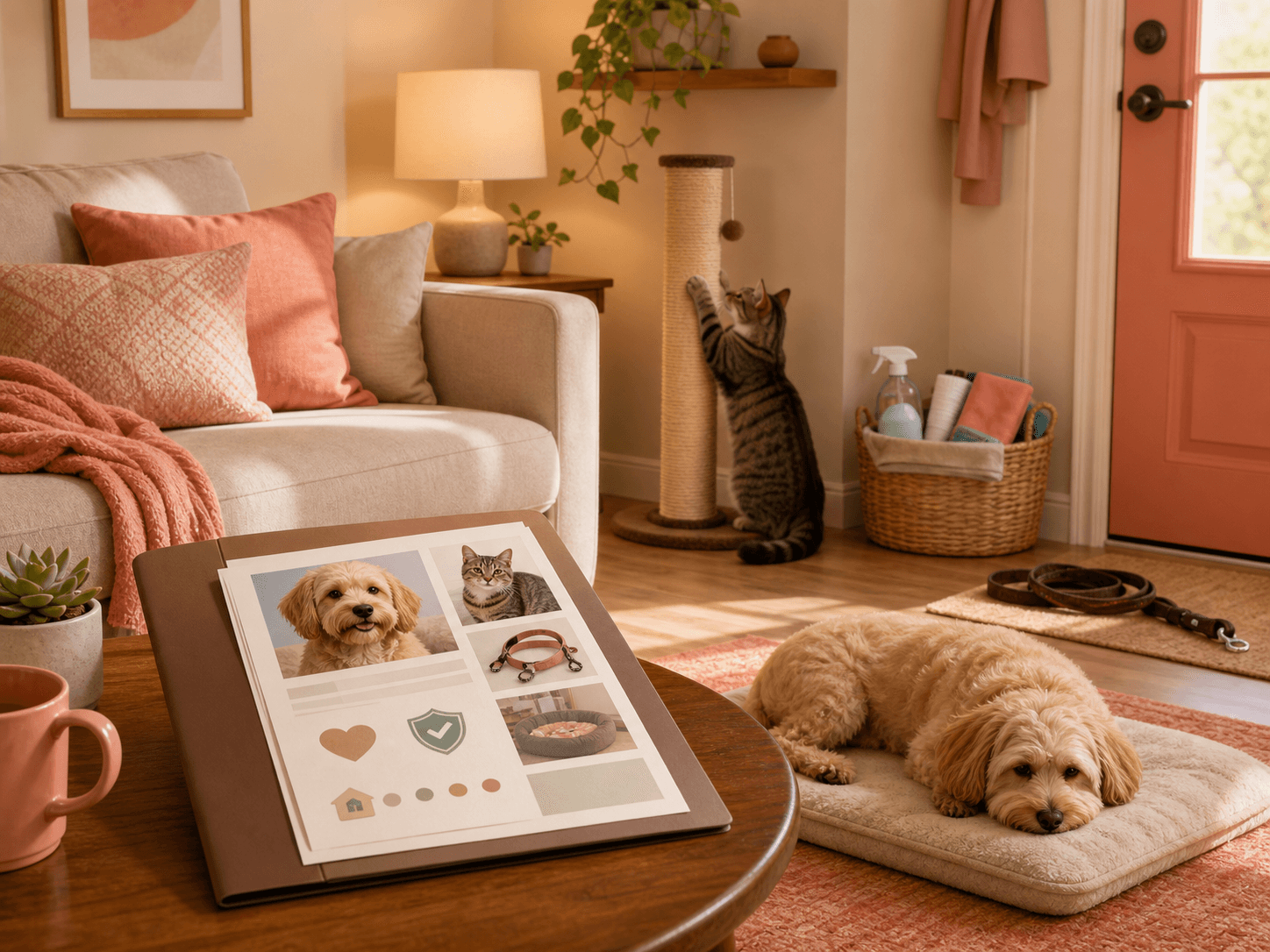 A tidy apartment setup shows a cat scratching post, cleaning supplies, leash, pet profile folder, calm cat, and resting dog.