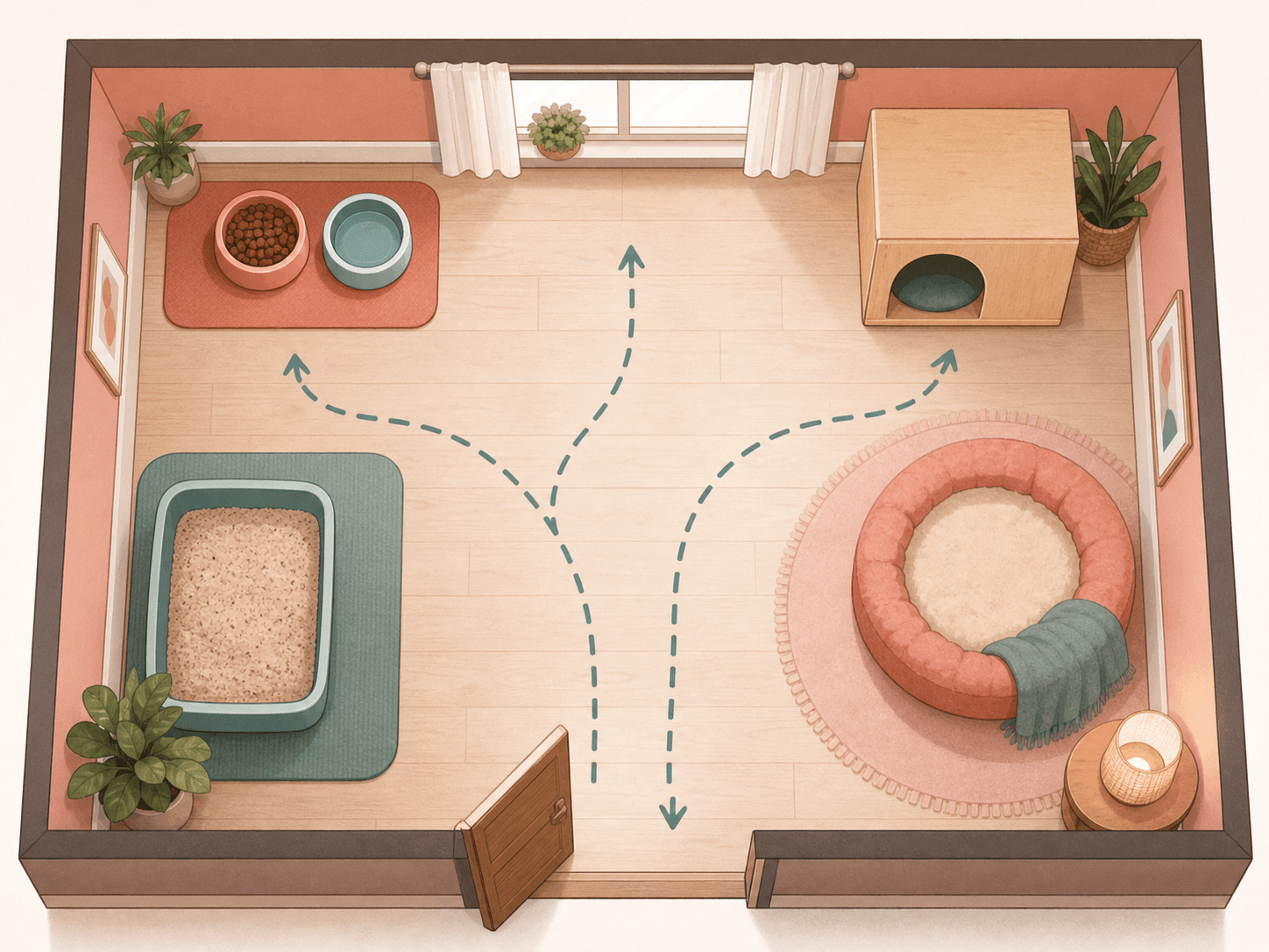 An overhead layout shows a starter room with separated areas for food, water, litter, hiding, resting, and the doorway.