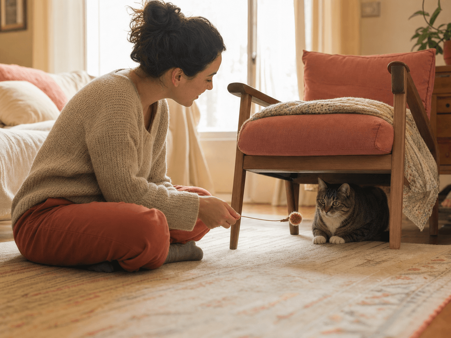 A person sits quietly on the floor while a rescue cat watches from a hiding spot under a chair.