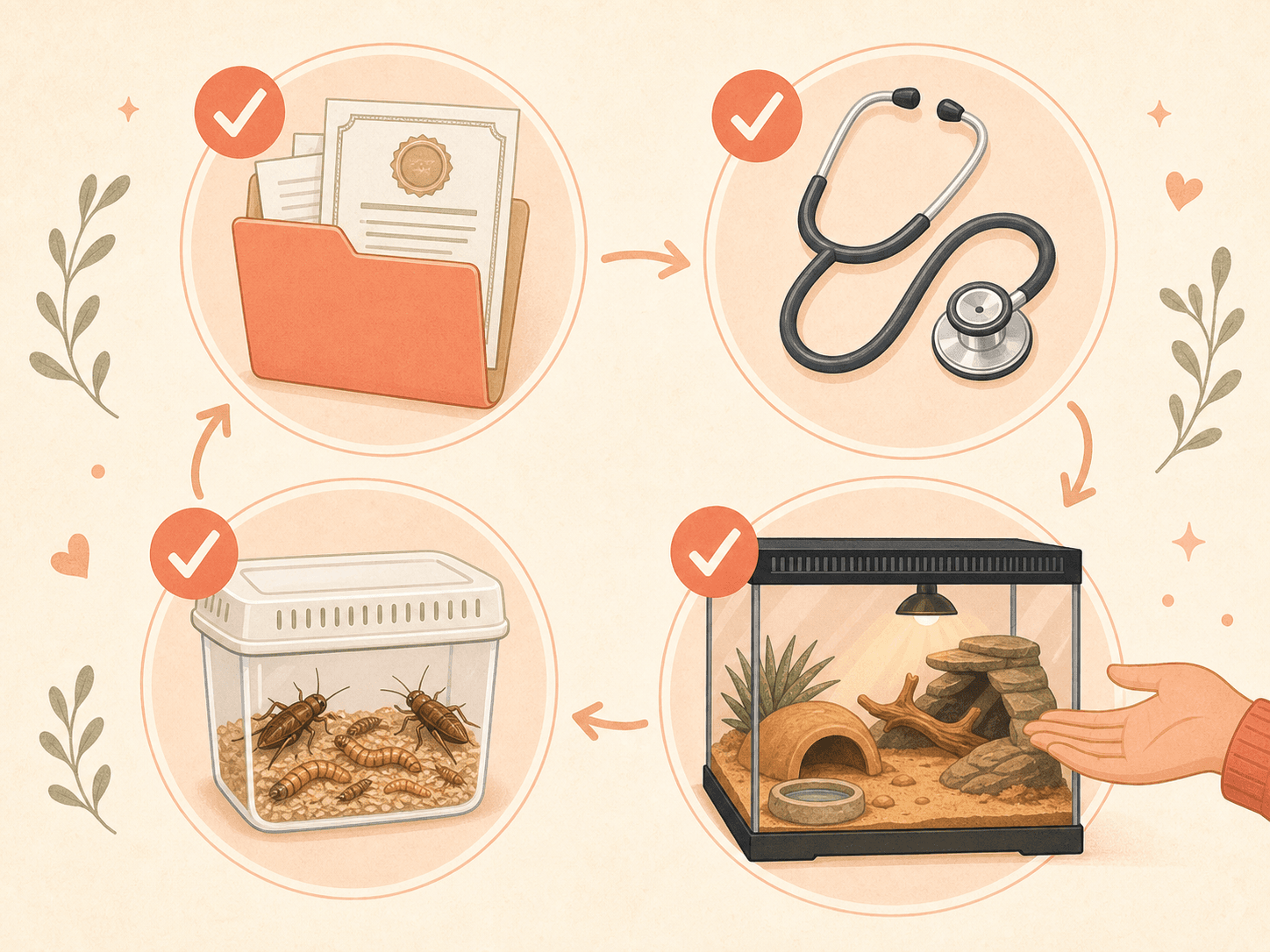 Four visual checklist symbols show paperwork, veterinary care, live insects, and adult responsibility before buying a leopard gecko.