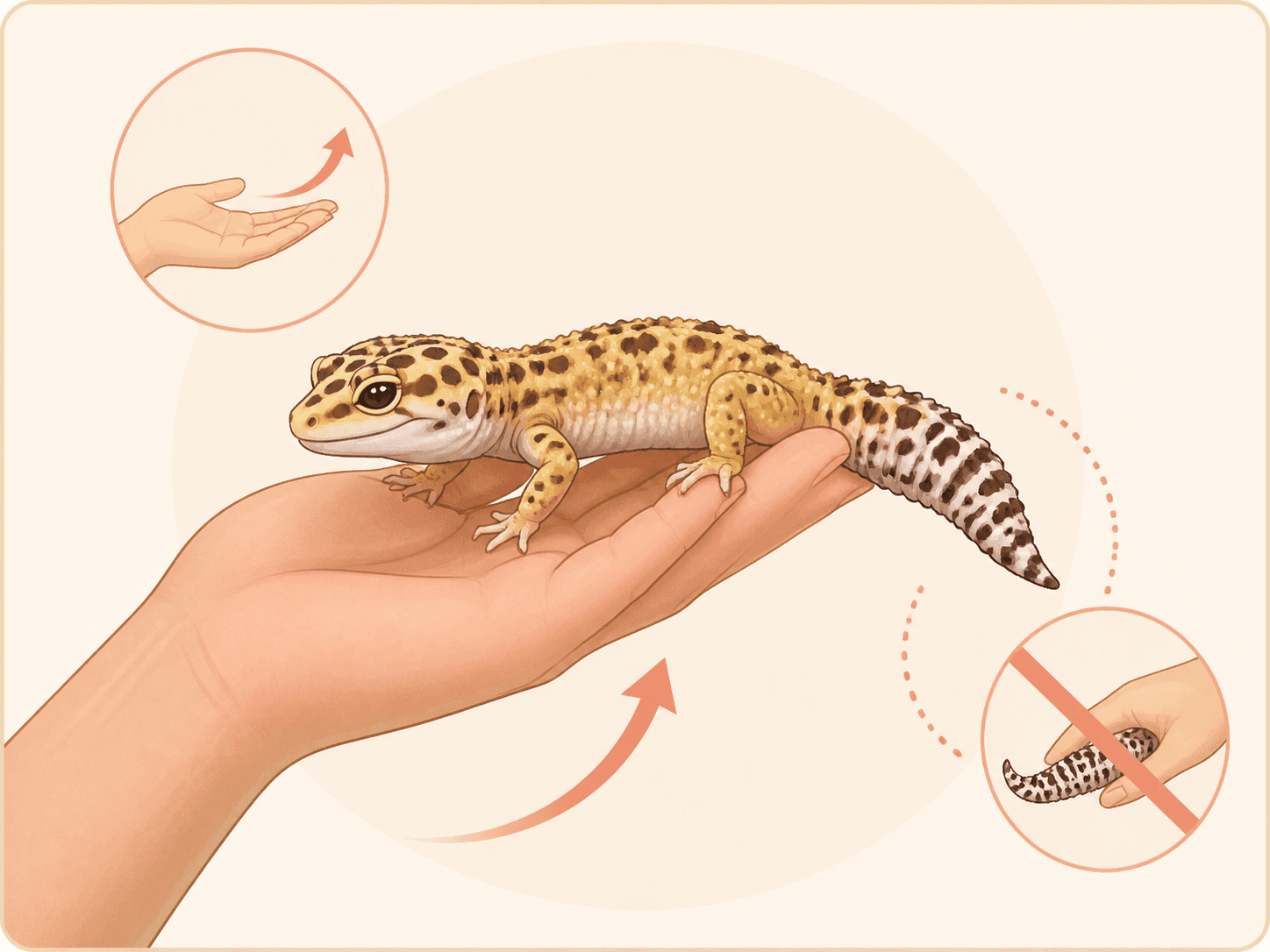 A diagram shows a hand approaching a leopard gecko from below while supporting the body and leaving the tail free.